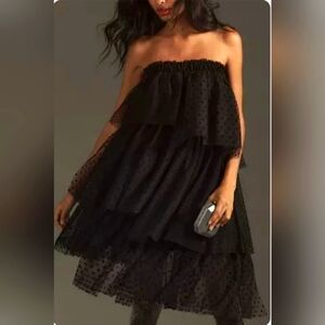 Anthropologie Black Strapless Layered Tulle Cocktail Dress